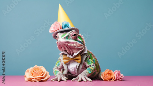 A green chameleon wearing a colorful party hat and bow tie is sitting in front of a pink background. There are colorful balloons and flowers around it.