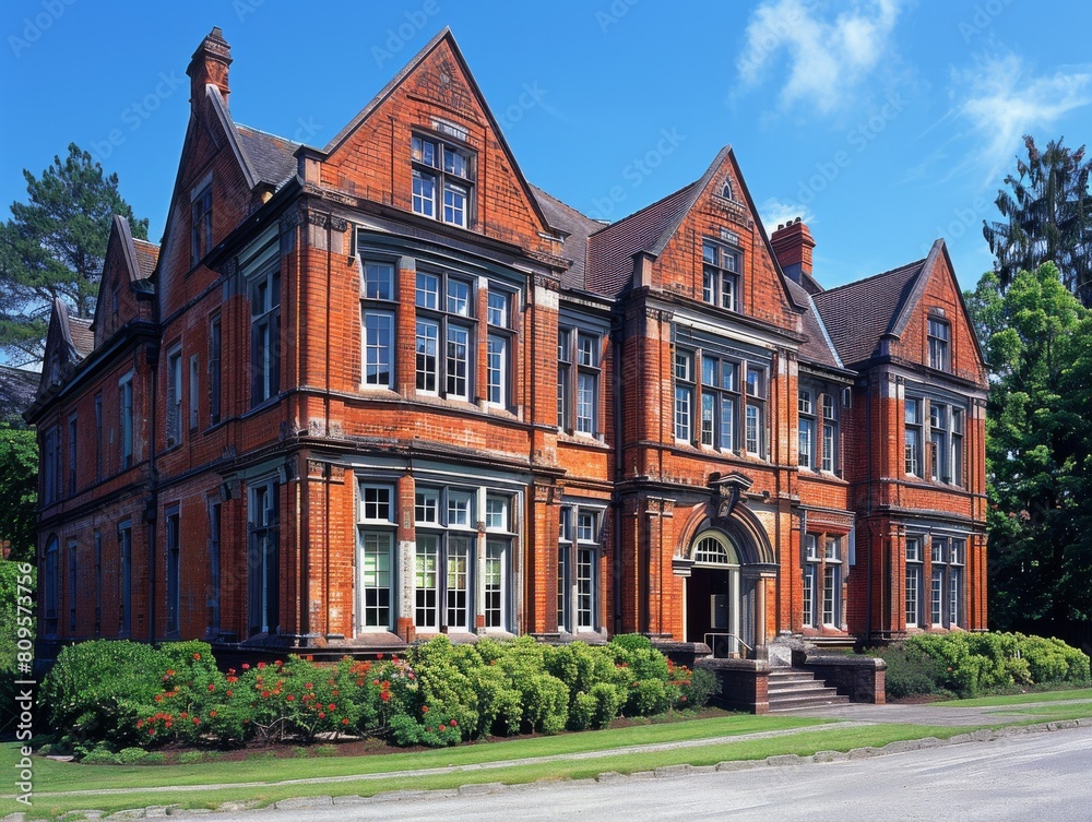 A large red brick building with a lot of windows