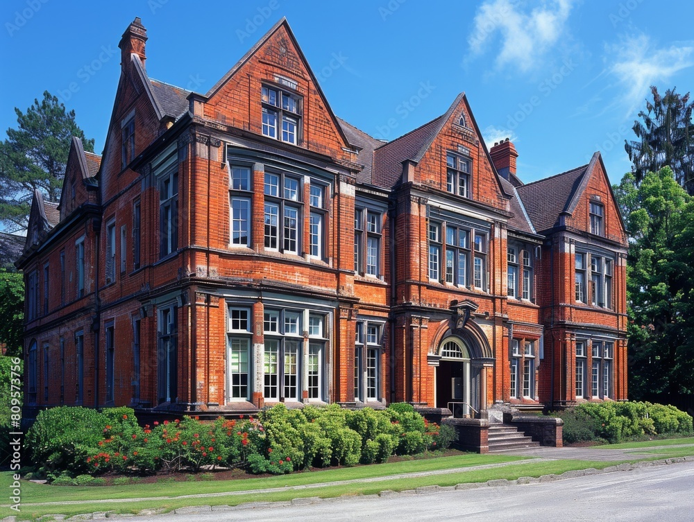 A large red brick building with a lot of windows A large red brick building with a lot of windows