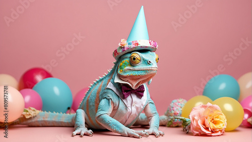 A green chameleon wearing a colorful party hat and bow tie is sitting in front of a pink background. There are colorful balloons and flowers around it.

 photo