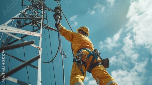 Skilled electrician in overalls working on repairing high-voltage line on sunny summer day
