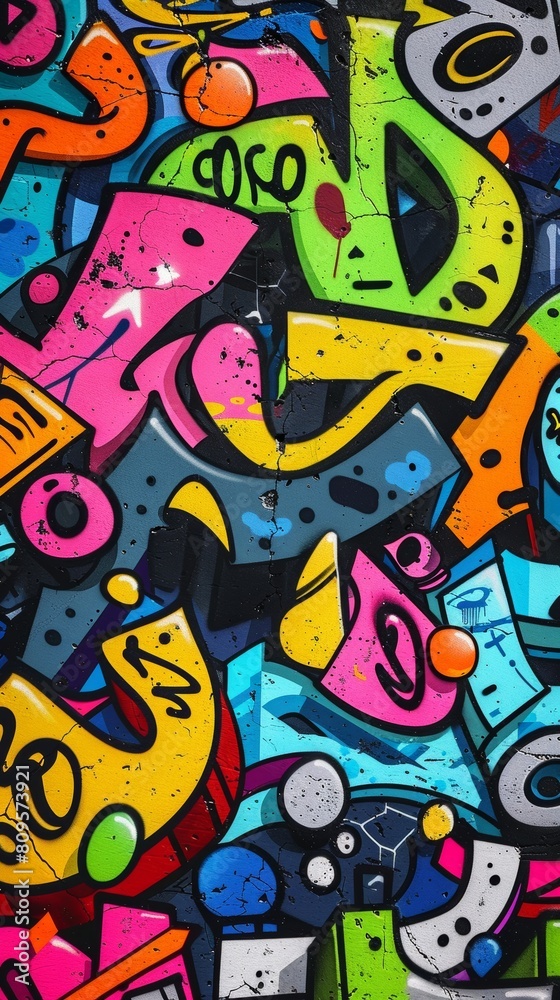Colorful graffiti on a wall showcasing street art with vivid patterns and shapes