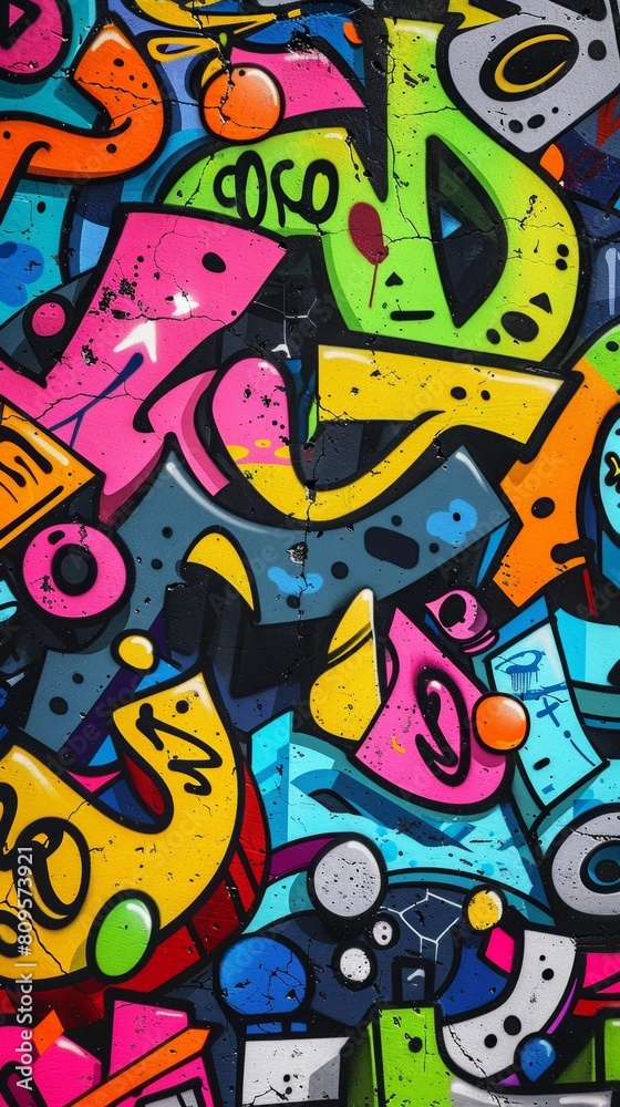 Obraz premium Colorful graffiti on a wall showcasing street art with vivid patterns and shapes