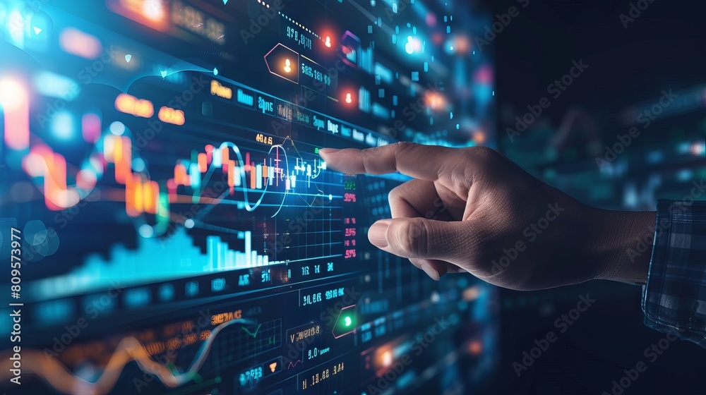 Executive analyzing progressive financial trends on futuristic metaverse interface with dynamic investment charts and digital economic indicators Executive analyzing progressive financial trends on futuristic metaverse interface with dynamic investment charts and digital economic indicators