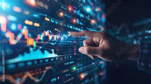 Executive analyzing progressive financial trends on futuristic metaverse interface with dynamic investment charts and digital economic indicators