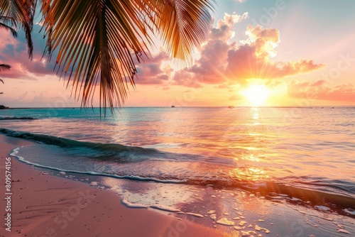 Perfect beach sunset. Beautiful tropical beach scene for background or wallpaper. Summer vacation holiday concept design and copy space with generative ai