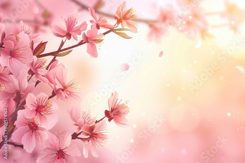 Horizontal banner with sakura flowers of pink color on sunny backdrop. Beautiful nature spring background with a branch of blooming sakura. Sakura blossoming season in Japan - generative ai