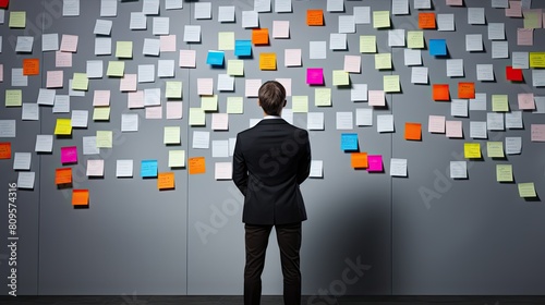 A young man in a business suit stands with his back to a wall hung with colorful stickers with uncompleted tasks.