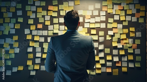 A young man in a business suit stands with his back to a wall hung with colorful stickers with uncompleted tasks.