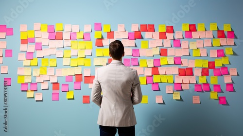 A young man in a business suit stands with his back to a wall hung with colorful stickers with uncompleted tasks.