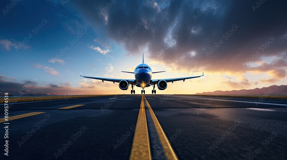 Naklejka premium A commercial airplane on a runway against a sunset background. The airplane is positioned in the center of the frame with its nose facing the camera.