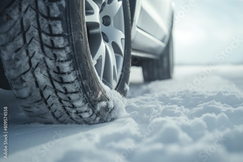 Close-up shot of a car wheel with a winter tire on a snowy road. © photolas