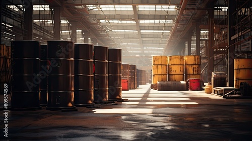 A large dark chemical warehouse filled with metal industrial barrels of oil or hazardous waste spread out on shelves.