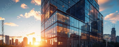 The sunset hues reflecting on the smooth glass surfaces of urban skyscrapers in a cityscape. banner