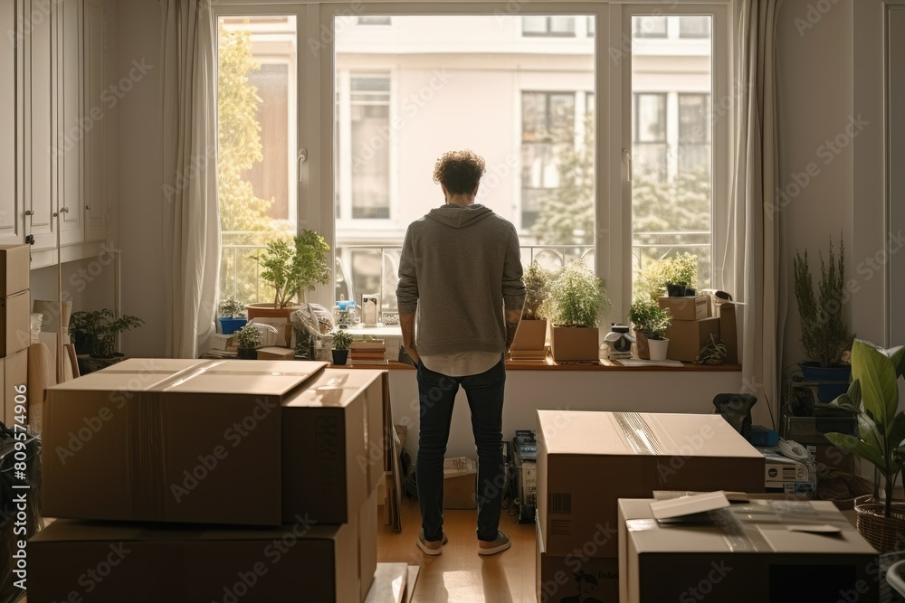 Lonely man near large boxes in a room illuminated by sunlight. Moving to a new bachelor's home.