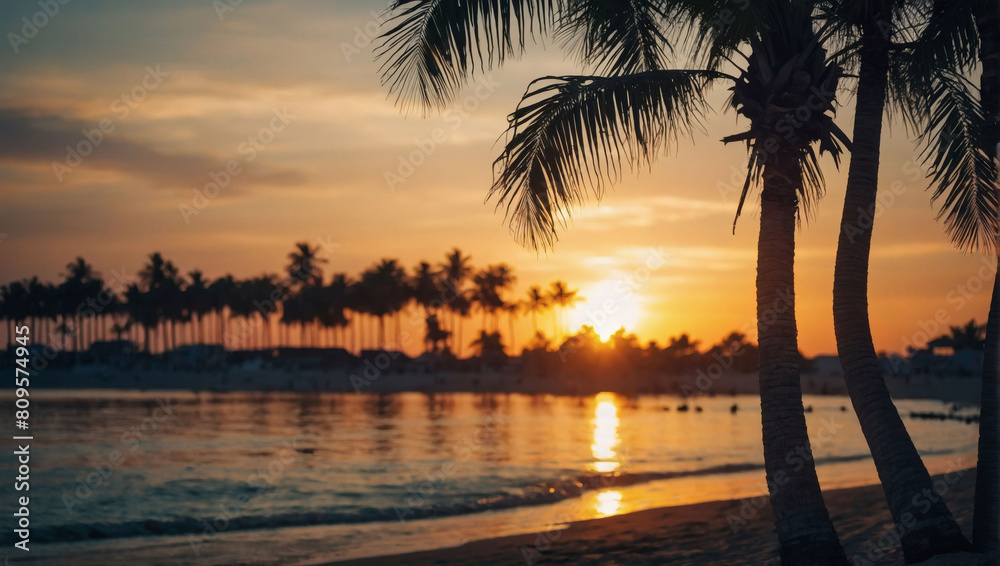 Idyllic Beach Sunset, Palm Tree Silhouettes Against a Tropical Sky
