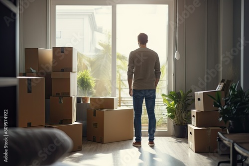 Lonely man near large boxes in a room illuminated by sunlight. Moving to a new bachelor's home. © photolas