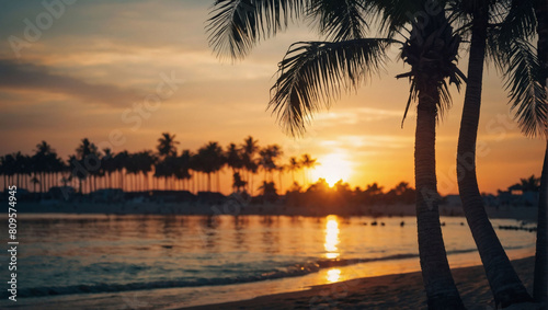 Idyllic Beach Sunset  Palm Tree Silhouettes Against a Tropical Sky