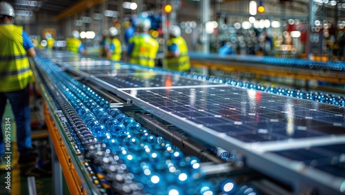 An industrial scene of a production line or manufacturing process  with workers in reflective vests standing near a conveyor belt carrying blue-lit components or products in a blur of motion.