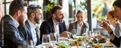 Colleagues having a friendly business lunch in a classy restaurant, enjoying food and conversation.