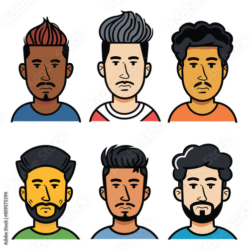 Six men illustrated, different hairstyles, facial hair, diverse ethnicity. Cartoon characters, colorful, male portraits, faces expressionless, modern. Flat design, avatar set portraits together