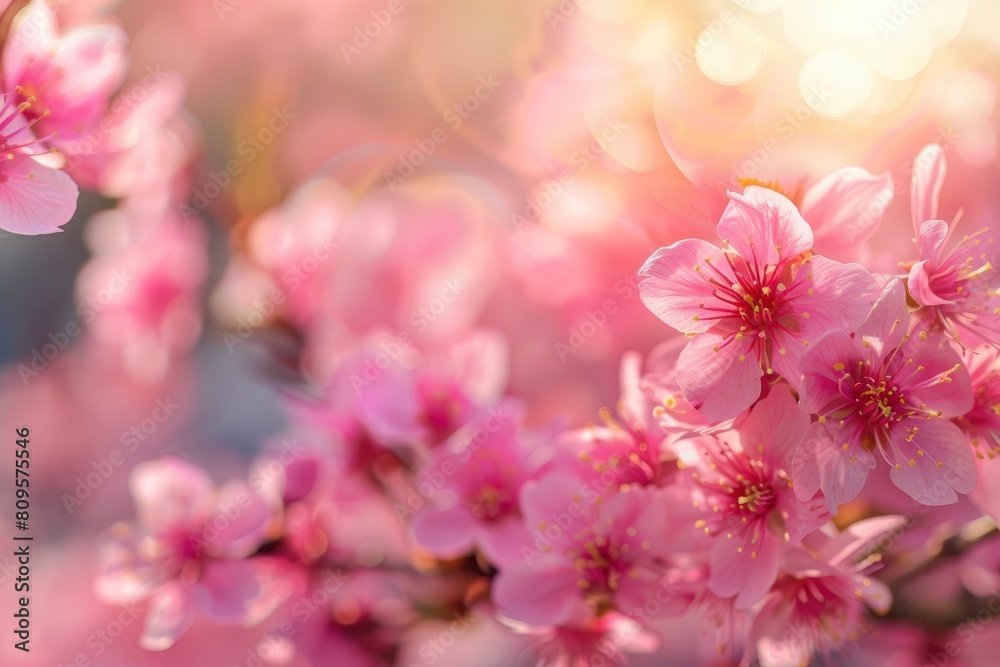 Horizontal banner with sakura flowers of pink color on sunny backdrop. Beautiful nature spring background with a branch of blooming sakura. Sakura blossoming season in Japan - generative ai