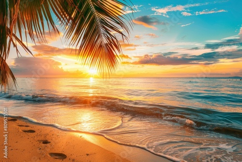 Perfect beach sunset. Beautiful tropical beach scene for background or wallpaper. Summer vacation holiday concept design and copy space with generative ai