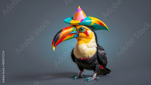 A brightly colored toucan is sitting on a gray background. The toucan has a long, pointed beak and a crest of feathers on its head. Its feathers are mostly black, with some yellow, blue, and green fea