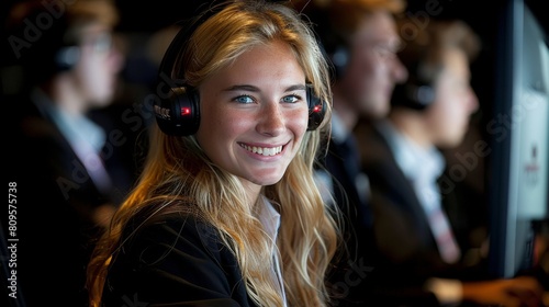 A girl wearing headphones and smiling