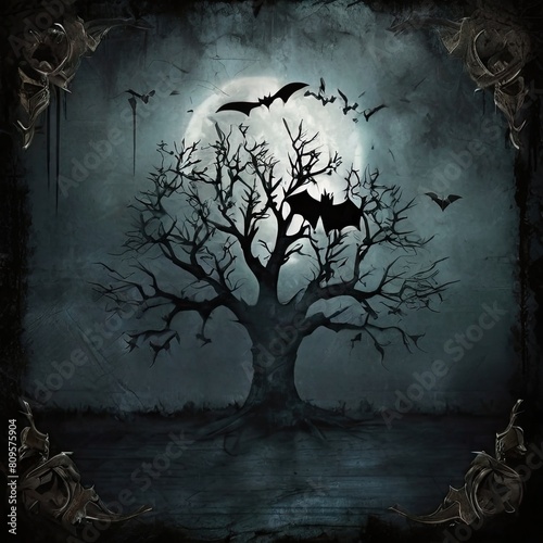 dark grunge background with spooky tree and bat