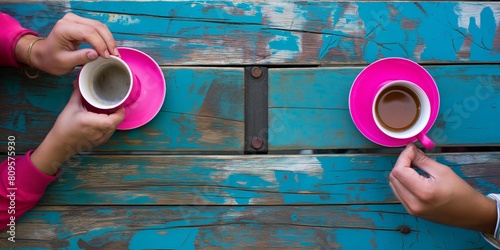 This vivid image presents a top-down view of two hands holding vibrant pink cups over a blue wooden table