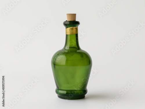 A single vintage green glass bottle with a cork stopper against a white background.