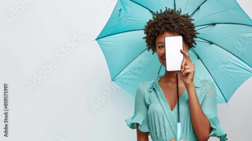 Woman Smiling with Blue Umbrella photo