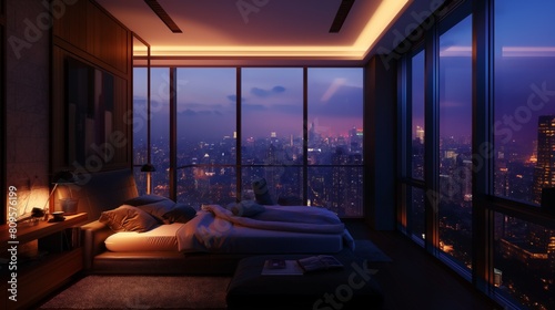 City View Penthouse Bedroom at Night © OneStockShop