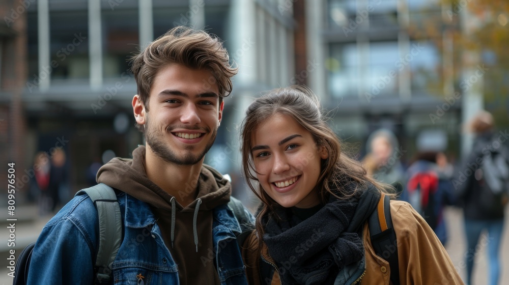 A young man and woman are smiling for the camera in front of a building
