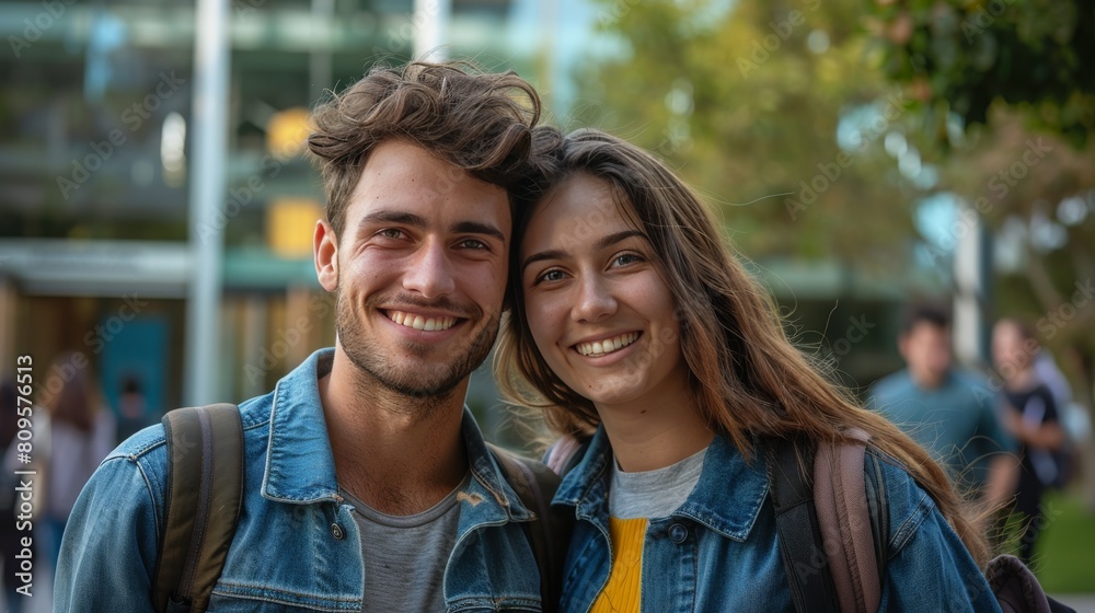 A young man and woman are smiling for the camera in front of a building