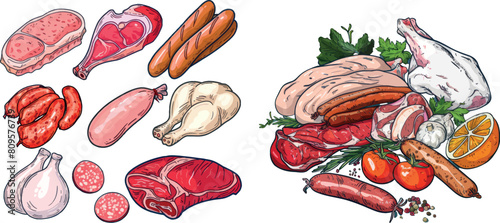 Vector meat, chicken and sausages, salami
