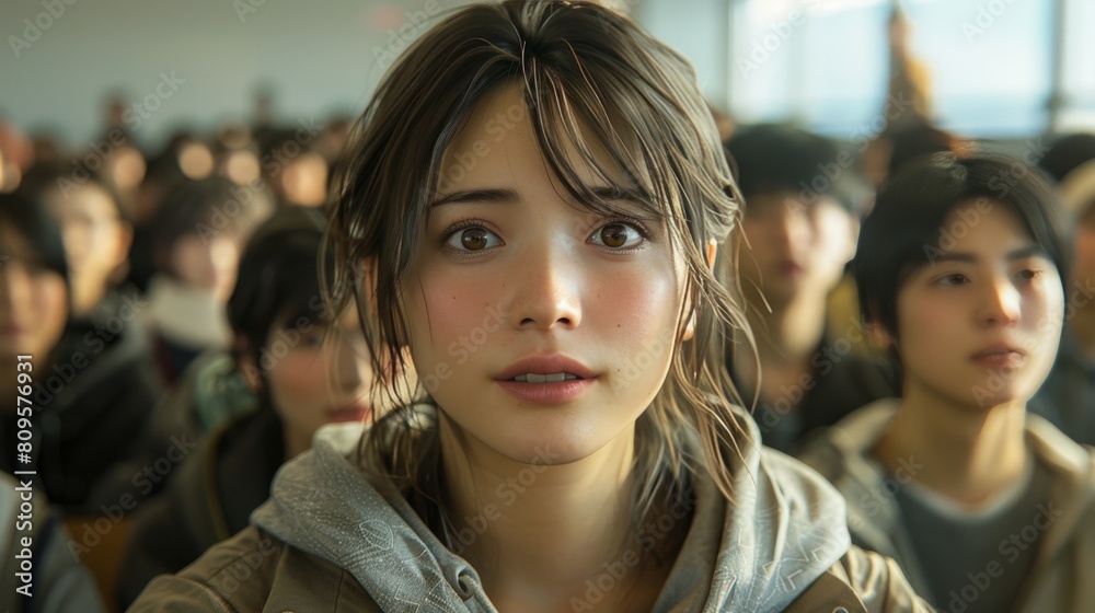 A woman with a red face stands in front of a crowd of people A woman with a red face stands in front of a crowd of people