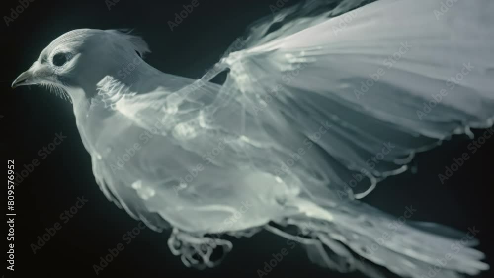 X-ray image of a bird in flight, showing the skeletal structure, used in veterinary science and ornithology studies.