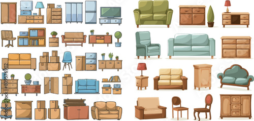 Furniture and boxes icons set for rooms of house