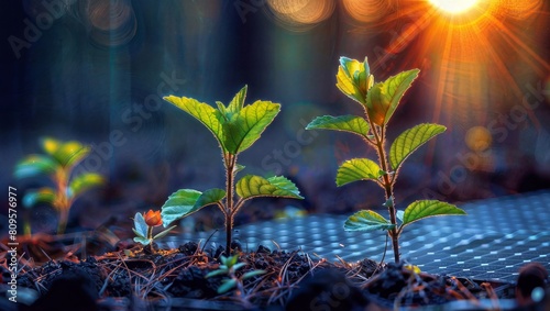Stunning macro shot of vibrant young plant sprouts emerging from the damp earth, backlit by warm sunrays and abstract bokeh patterns, symbolizing growth, new beginnings, and nature's resilience. photo
