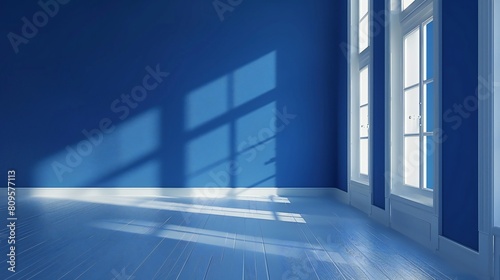 White floor contrasting beautifully with the deep blue walls of the photography studio.