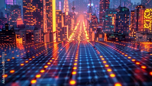 A futuristic neon-lit city skyline with illuminated streets stretching into the distance  depicting an urban night scene with glowing skyscrapers and vibrant lights.