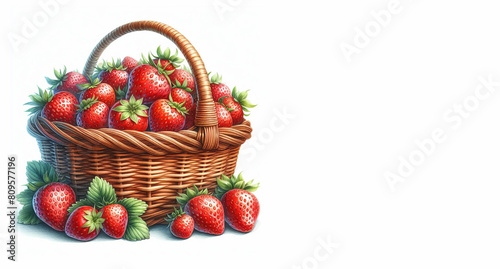 A watercolor basket with strawberries, isolated on a white background with copy space - Concept of nourishment, abundance, and harvest - Basket with forest fruit