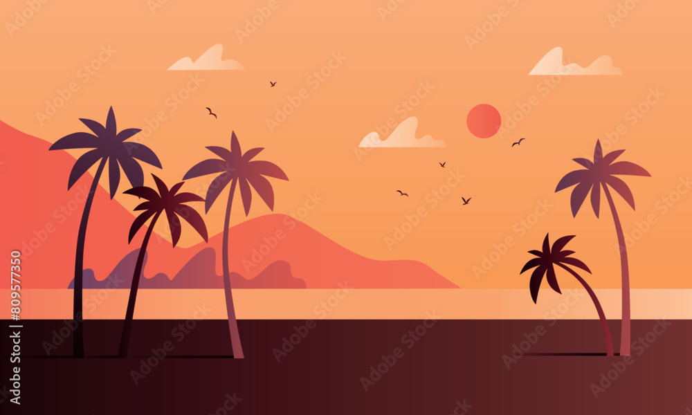 Fototapeta premium Evening on the beach with palm trees. An evening on the beach with palm trees. Colorful picture for rest. Blue palm trees at sunset. Orange sunset in the blue sky. Vector illustration 