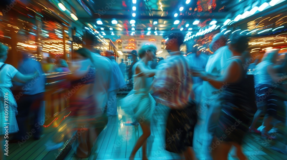 Blurred slow motion people dancing at cruise ship or at disco party Blurred slow motion people dancing at cruise ship or at disco party
