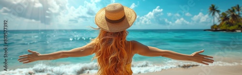 Happy woman with yellow hair enjoying freedom on the beach with open arms，Joyful Woman with Yellow Hair Embracing Freedom on the Beach: AI-Generated 4K HD Wallpaper