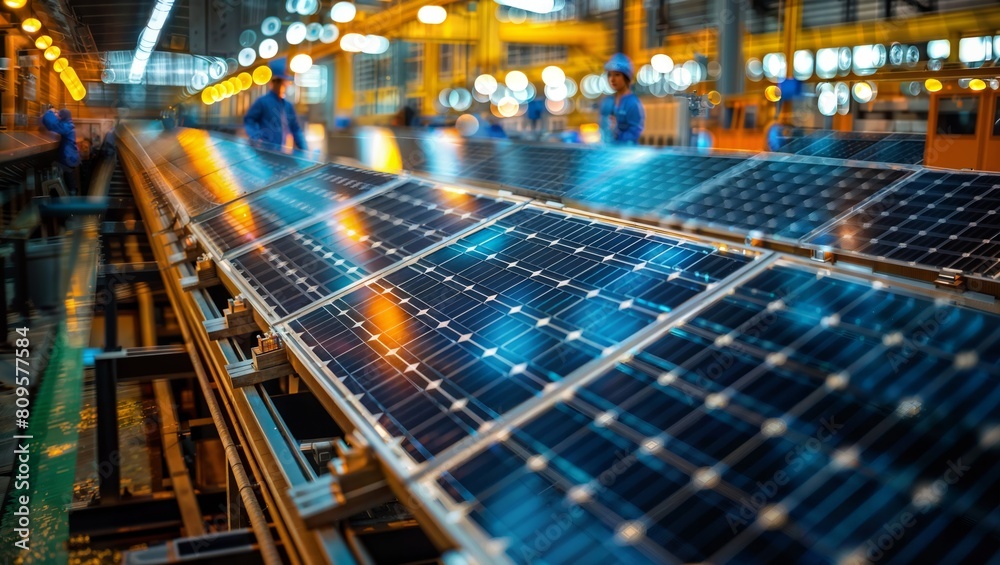 Large-scale solar panel production at an industrial facility with workers inspecting and handling panels on the manufacturing floor amidst bright lights and modern equipment. Large-scale solar panel production at an industrial facility with workers inspecting and handling panels on the manufacturing floor amidst bright lights and modern equipment.