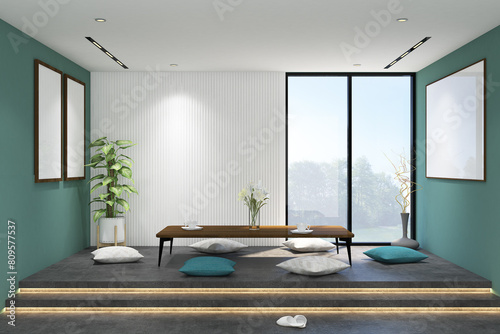 3d rendering illustration of dining space interior of japanese style. Empty room with table, plant and frame mock up. Cement texture tile floor stage, white fluted and white ceiling. Set 12