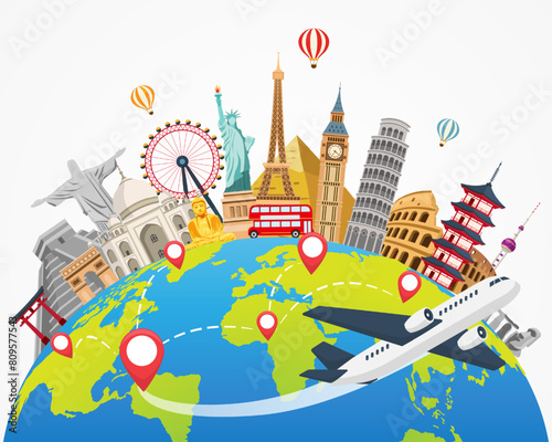 plane travel and landmark world on white background. time to travel banner. tourism trip concept. journey in vacation. vector illustration flat design.